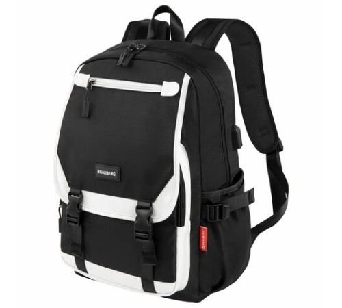 Рюкзак BRAUBERG FUSION универсальный, USB-порт, черный с белыми вставками, 45х31х15 см, 271657