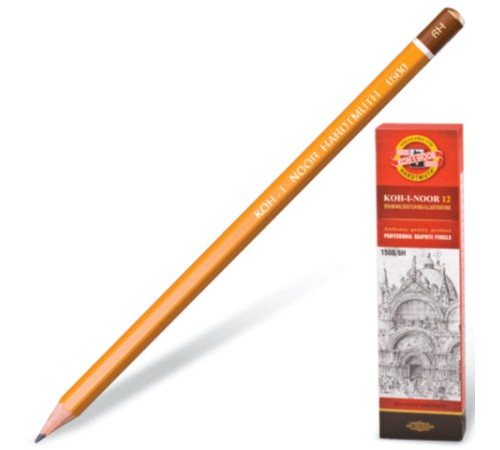 Карандаш чернографитный KOH-I-NOOR 1500, 1 шт., 6H, корпус желтый, заточенный, 150006H01170