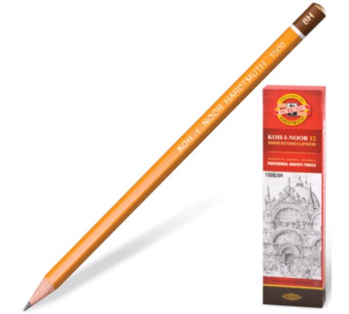 Карандаш чернографитный KOH-I-NOOR 1500, 1 шт., 8H, корпус желтый, заточенный, 150008H01170
