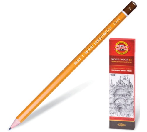 Карандаш чернографитный KOH-I-NOOR 1500, 1 шт., F, корпус желтый, заточенный, 150000F01170RU