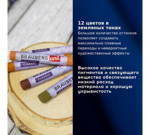 Пастель сухая художественная BRAUBERG ART CLASSIC, 12 цветов, ЗЕМЛЯНЫЕ ТОНА, круглое сечение, 181457