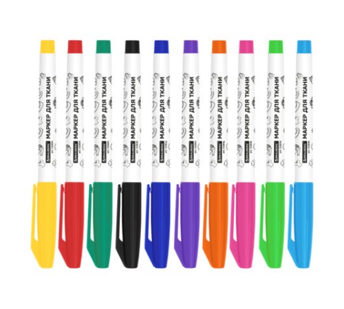 Маркеры для ткани 10 ЦВЕТОВ, TEXTILE MARKER, несмываемые, круглый наконечник 1-3 мм, BRAUBERG, 152656