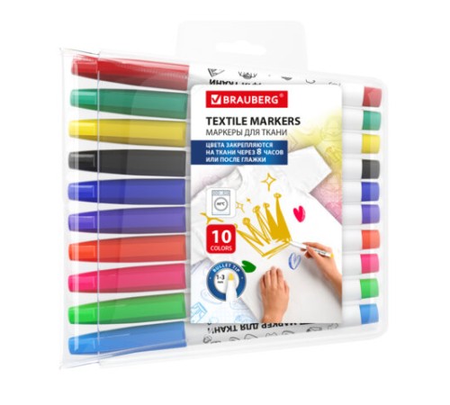 Маркеры для ткани 10 ЦВЕТОВ, TEXTILE MARKER, несмываемые, круглый наконечник 1-3 мм, BRAUBERG, 152656