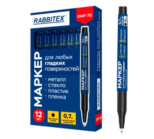 Маркер для любых гладких поверхностей, пленок, стекла, металла, ЧЕРНЫЙ OHP-70, строительный, тонкий наконечник 0,7 мм, RABBITEX, 152658
