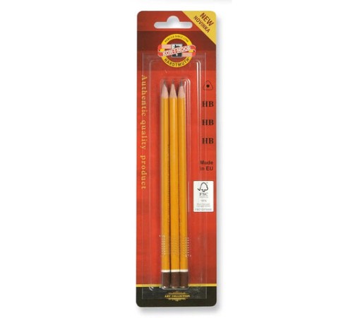 Карандаши чернографитные KOH-I-NOOR 1580, НАБОР 3шт., HB, без резинки, заточенные, блистер, 15800HB001BL
