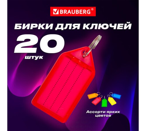 Бирки для ключей КОМПЛЕКТ 20 ШТ., длина 55 мм, инфо-окно 39х22 мм, АССОРТИ, BRAUBERG, 237495 Бирки для ключей КОМПЛЕКТ 20 ШТ., длина 55 мм, инфо-окно 39х22 мм, АССОРТИ, BRAUBERG, 237495