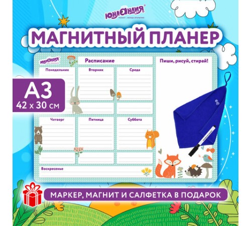 Планинг на холодильник магнитный РАСПИСАНИЕ 42х30 см, с маркером и салфеткой, ЮНЛАНДИЯ, 237851
