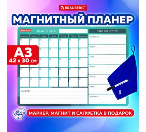 Планинг магнитный "Месяц и Неделя" на холодильник 42х30 см, с маркером и салфеткой, BRAUBERG, 237854