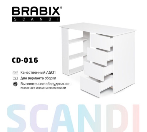 Стол письменный/компьютерный BRABIX "Scandi CD-016", 1100х500х750 мм, 4 ящика, белый, 641891, ЦБ013707-1 Стол письменный/компьютерный BRABIX "Scandi CD-016", 1100х500х750 мм, 4 ящика, белый, 641891, ЦБ013707-1