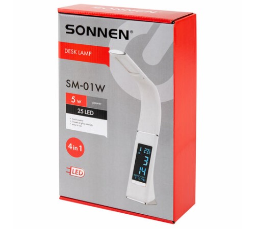 Настольная лампа / светильник SONNEN SM-01W на подставке, LCD-экран, СВЕТОДИОДНАЯ, 5 Вт, белый, 238233 Настольная лампа / светильник SONNEN SM-01W на подставке, LCD-экран, СВЕТОДИОДНАЯ, 5 Вт, белый, 238233