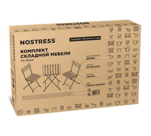 Комплект складной мебели (стол и 2 стула) NOSTRESS (НОСТРЕСС) "Woodstock FS-003A", металл черный, акация, 680060 Комплект складной мебели (стол и 2 стула) NOSTRESS (НОСТРЕСС) "Woodstock FS-003A", металл черный, акация, 680060