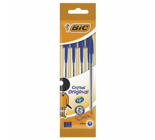 Ручки шариковые BIC "Cristal Original", НАБОР 4 шт., СИНИЕ, узел 1 мм, линия 0,32 мм, пакет, 8308601 Ручки шариковые BIC "Cristal Original", НАБОР 4 шт., СИНИЕ, узел 1 мм, линия 0,32 мм, пакет, 8308601