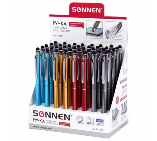 Ручка-стилус SONNEN для смартфонов/планшетов, СИНЯЯ, корпус ассорти, серебристые детали, линия письма 1 мм, 141587 Ручка-стилус SONNEN для смартфонов/планшетов, СИНЯЯ, корпус ассорти, серебристые детали, линия письма 1 мм, 141587