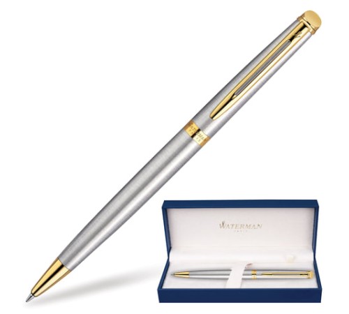 Ручка подарочная шариковая WATERMAN "Hemisphere Stainless Steel GT", серебристый корпус, позолоченные детали, синяя, S0920370