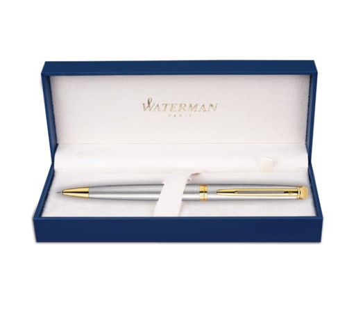 Ручка подарочная шариковая WATERMAN "Hemisphere Stainless Steel GT", серебристый корпус, позолоченные детали, синяя, S0920370