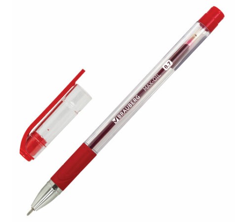 Ручка шариковая масляная с грипом BRAUBERG "Max-Oil", КРАСНАЯ, игольчатый узел 0,7 мм, линия письма 0,35 мм, 142143