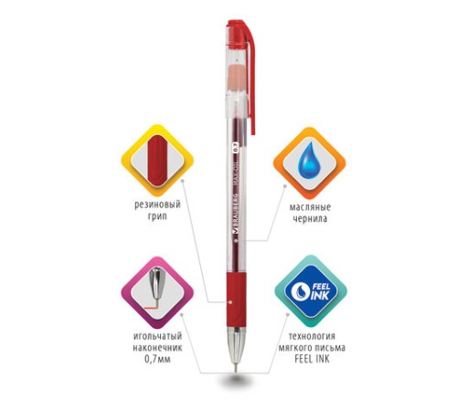 Ручка шариковая масляная с грипом BRAUBERG "Max-Oil", КРАСНАЯ, игольчатый узел 0,7 мм, линия письма 0,35 мм, 142143