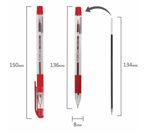 Ручка шариковая масляная с грипом BRAUBERG "Max-Oil", КРАСНАЯ, игольчатый узел 0,7 мм, линия письма 0,35 мм, 142143