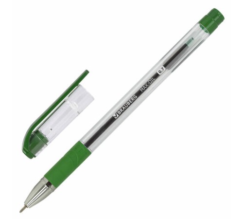 Ручка шариковая масляная с грипом BRAUBERG "Max-Oil", ЗЕЛЕНАЯ, игольчатый узел 0,7 мм, линия письма 0,35 мм, 142144