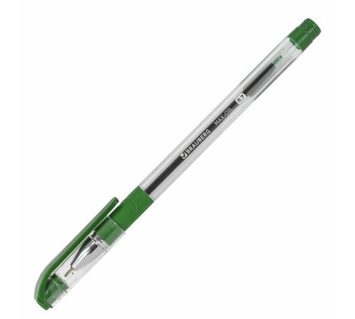 Ручка шариковая масляная с грипом BRAUBERG "Max-Oil", ЗЕЛЕНАЯ, игольчатый узел 0,7 мм, линия письма 0,35 мм, 142144