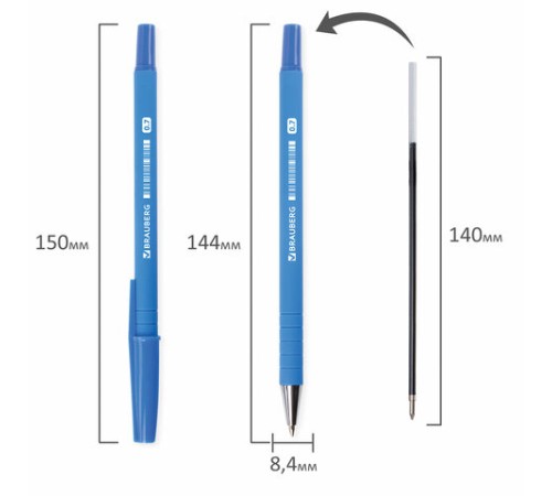 Ручка шариковая BRAUBERG "Capital blue", СИНЯЯ, корпус soft-touch голубой, узел 0,7 мм, линия письма 0,35 мм, 142493
