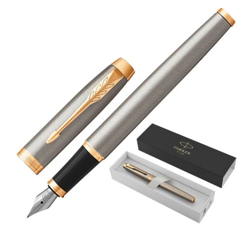 Ручка перьевая PARKER "IM Core Brushed Metal GT", серебристый матовый лак, позолота, синяя, 1931649 Ручка перьевая PARKER "IM Core Brushed Metal GT", серебристый матовый лак, позолота, синяя, 1931649