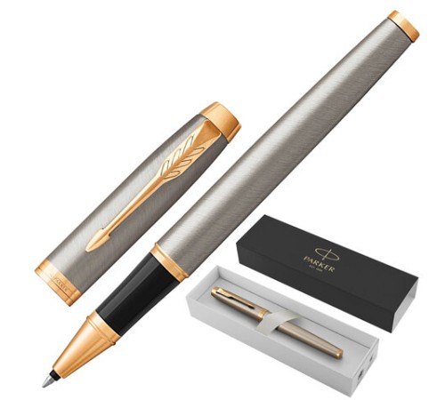 Ручка-роллер PARKER "IM Core Brushed Metal GT", серебристый матовый лак, позолота, черная, 1931663 Ручка-роллер PARKER "IM Core Brushed Metal GT", серебристый матовый лак, позолота, черная, 1931663