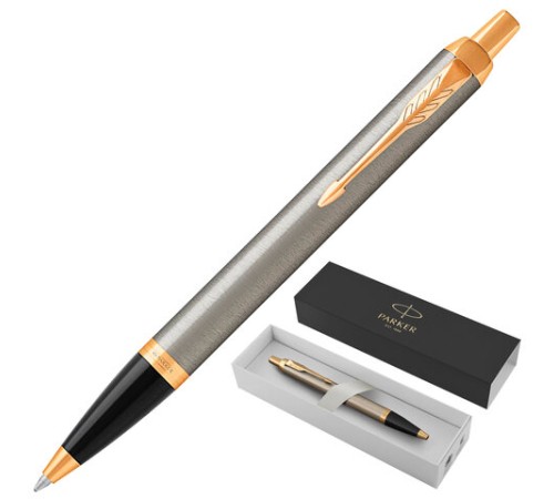 Ручка шариковая PARKER "IM Core Brushed Metal GT", серебристый матовый лак, позолота, синяя, 1931670 Ручка шариковая PARKER "IM Core Brushed Metal GT", серебристый матовый лак, позолота, синяя, 1931670