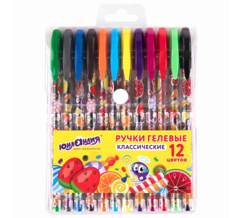 Ручки гелевые ЮНЛАНДИЯ, НАБОР 12 ЦВЕТОВ, корпус с печатью, узел 0,5 мм, линия письма 0,35 мм, 142800
