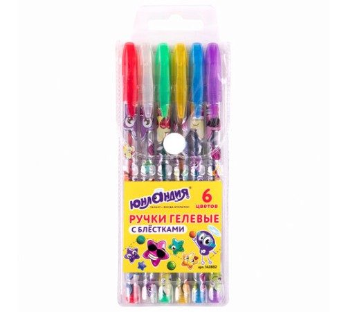 Ручки гелевые ЮНЛАНДИЯ, НАБОР 6 ЦВЕТОВ, БЛЕСТКИ, корпус с печатью, узел 0,7 мм, линия письма 0,5 мм, 142802