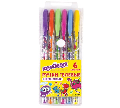 Ручки гелевые ЮНЛАНДИЯ, НАБОР 6 ЦВЕТОВ, НЕОН, корпус с печатью, узел 0,7 мм, линия письма 0,5 мм, 142804