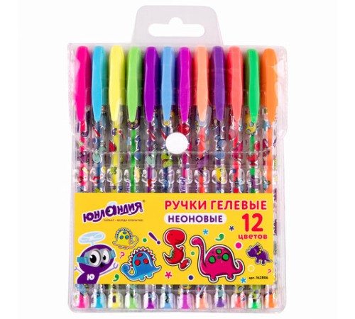 Ручки гелевые ЮНЛАНДИЯ, НАБОР 12 ЦВЕТОВ, НЕОН, корпус с печатью, узел 0,7 мм, линия письма 0,5 мм, 142806