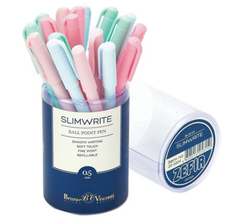 Ручка шариковая BRUNO VISCONTI "SlimWrite", "Zefir", СИНЯЯ, корпус ассорти, узел 0,5 мм, линия письма 0,3 мм, 20-0204 Ручка шариковая BRUNO VISCONTI "SlimWrite", "Zefir", СИНЯЯ, корпус ассорти, узел 0,5 мм, линия письма 0,3 мм, 20-0204