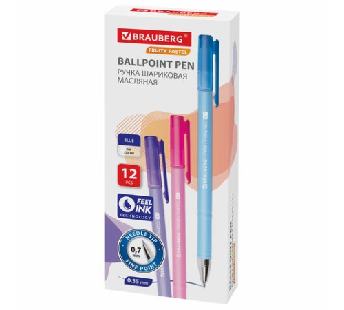 Ручка шариковая масляная BRAUBERG "FRUITY Pastel", СИНЯЯ, soft-touch, узел 0,7 мм, линия письма 0,35 мм, 142958, OBP322 Ручка шариковая масляная BRAUBERG "FRUITY Pastel", СИНЯЯ, soft-touch, узел 0,7 мм, линия письма 0,35 мм, 142958, OBP322