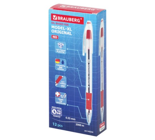 Ручка шариковая масляная с грипом BRAUBERG "Model-XL" ORIGINAL, КРАСНАЯ, узел 0,7 мм, линия письма 0,35 мм, 143244 Ручка шариковая масляная с грипом BRAUBERG "Model-XL" ORIGINAL, КРАСНАЯ, узел 0,7 мм, линия письма 0,35 мм, 143244