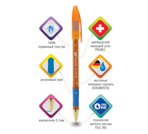 Ручка шариковая масляная с грипом BRAUBERG Model-XL ORANGE, СИНЯЯ, узел 0,7 мм, линия 0,35 мм, 143246 Ручка шариковая масляная с грипом BRAUBERG Model-XL ORANGE, СИНЯЯ, узел 0,7 мм, линия 0,35 мм, 143246