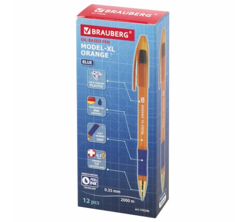 Ручка шариковая масляная с грипом BRAUBERG Model-XL ORANGE, СИНЯЯ, узел 0,7 мм, линия 0,35 мм, 143246 Ручка шариковая масляная с грипом BRAUBERG Model-XL ORANGE, СИНЯЯ, узел 0,7 мм, линия 0,35 мм, 143246