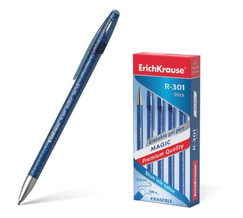 Ручка стираемая гелевая ERICH KRAUSE "R-301 Magic Gel", СИНЯЯ, корпус синий, узел 0,5 мм, линия письма 0,4 мм, 45211