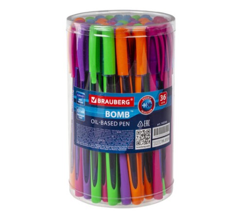 Ручка шариковая масляная BRAUBERG "BOMB GT Color", СИНЯЯ, прорезиненный корпус ассорти, узел 0,7 мм, линия письма 0,35 мм, 143346