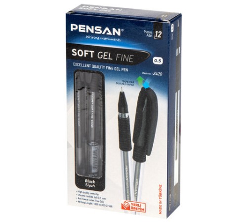 Ручка гелевая с грипом PENSAN "Soft Gel Fine", ЧЕРНАЯ, игольчатый узел 0,5 мм, линия 0,4 мм, 2420/12