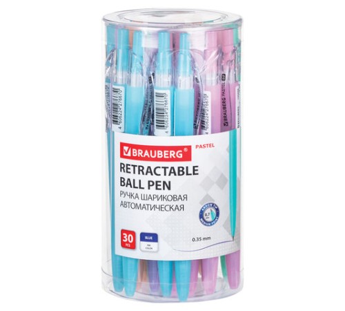 Ручка шариковая автоматическая BRAUBERG "PASTEL", СИНЯЯ, корпус ассорти, 0,7 мм, линия письма 0,35 мм, 143456
