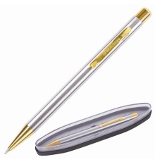 Ручка подарочная шариковая BRAUBERG Piano, СИНЯЯ, корпус серебристый с золотистым, линия письма 0,5 мм, 143472