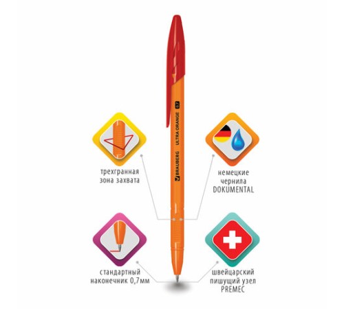 Ручка шариковая BRAUBERG "ULTRA ORANGE", КРАСНАЯ, узел 0,7 мм, чернила ГЕРМАНИЯ, наконечник ШВЕЙЦАРИЯ, 143564 Ручка шариковая BRAUBERG "ULTRA ORANGE", КРАСНАЯ, узел 0,7 мм, чернила ГЕРМАНИЯ, наконечник ШВЕЙЦАРИЯ, 143564
