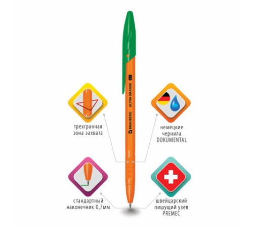 Ручка шариковая BRAUBERG "ULTRA ORANGE", ЗЕЛЕНАЯ, узел 0,7 мм, чернила ГЕРМАНИЯ, наконечник ШВЕЙЦАРИЯ, 143565 Ручка шариковая BRAUBERG "ULTRA ORANGE", ЗЕЛЕНАЯ, узел 0,7 мм, чернила ГЕРМАНИЯ, наконечник ШВЕЙЦАРИЯ, 143565