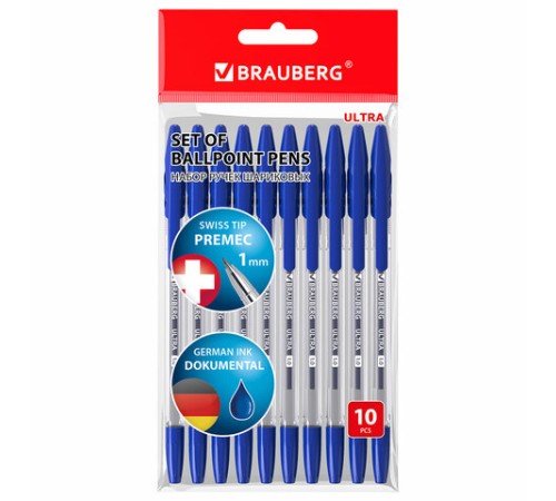 Ручки шариковые BRAUBERG "ULTRA", СИНИЕ, НАБОР 10 штук, корпус прозрачный, узел 1 мм, 143570 Ручки шариковые BRAUBERG "ULTRA", СИНИЕ, НАБОР 10 штук, корпус прозрачный, узел 1 мм, 143570