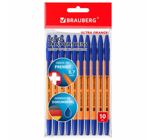 Ручки шариковые BRAUBERG "ULTRA ORANGE", СИНИЕ, НАБОР 10 штук, корпус оранжевый, узел 0,7 мм, 143571