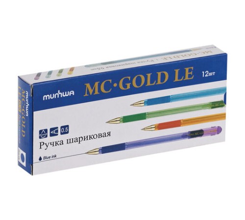 Ручка шариковая масляная с грипом MUNHWA "MC Gold LE", СИНЯЯ, корпус ассорти, узел 0,5 мм, MCL-02