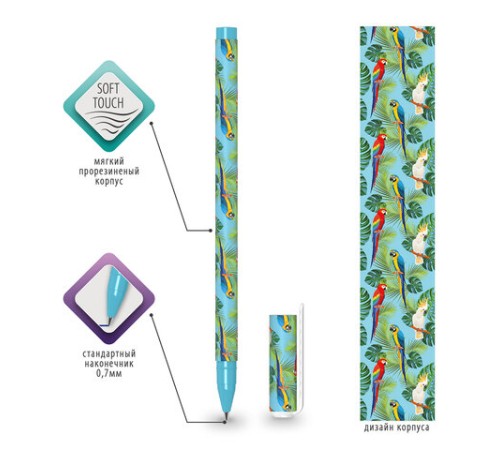 Ручка шариковая BRAUBERG SOFT TOUCH STICK "PARROTS", СИНЯЯ, мягкое покрытие, узел 0,7 мм, 143706 Ручка шариковая BRAUBERG SOFT TOUCH STICK "PARROTS", СИНЯЯ, мягкое покрытие, узел 0,7 мм, 143706