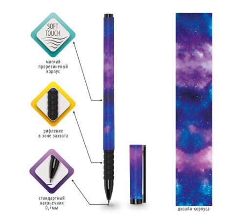 Ручка шариковая BRAUBERG SOFT TOUCH GRIP "SPACE", СИНЯЯ, мягкое покрытие, узел 0,7 мм, 143714 Ручка шариковая BRAUBERG SOFT TOUCH GRIP "SPACE", СИНЯЯ, мягкое покрытие, узел 0,7 мм, 143714