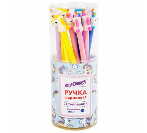 Ручка с топпером шариковая ЮНЛАНДИЯ "Единорог", корпус ассорти, СИНЯЯ, пишущий узел 0,7 мм, 143805